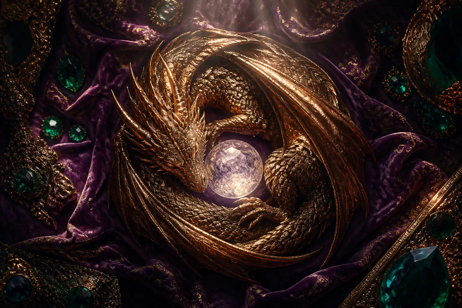 Illustration d'un dragon doré au-dessus d'un décor de casino en ligne aux couleurs de Dragonia